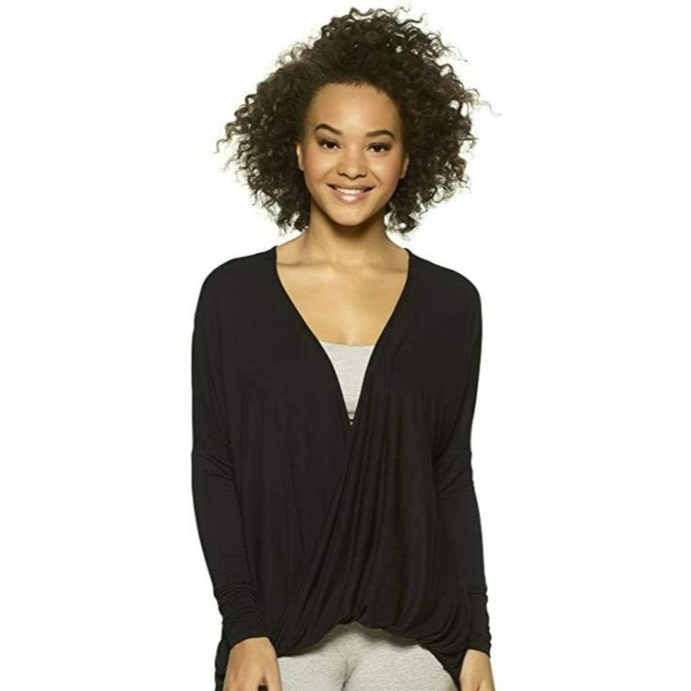 Felina Women's Sz L Soft Modal Twist Front Long Sleeves Lounge Top Tee Black - Picture 1 of 7